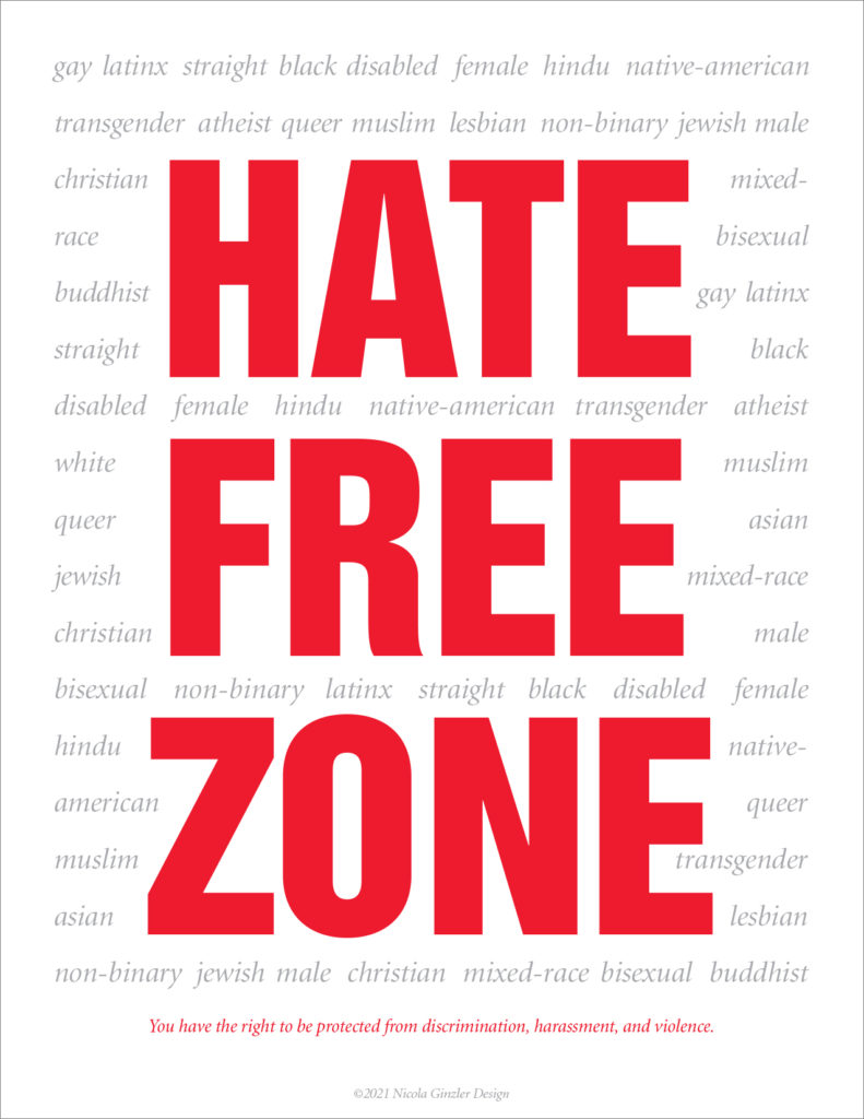 Poster with "HATE FREE ZONE" in large red all caps. Interspersed and repeated is "gay latino straight black disabled female hindu native-american transgender atheist white muslim lesbian asian jewish male christian mixed-race bisexual buddhist" in gray italic type. In small red italic type below that: "You have the right to be protected from discrimination, harassment, and violence." Finally, in very small gray italic type: "©2021 Nicola Ginzler Design"