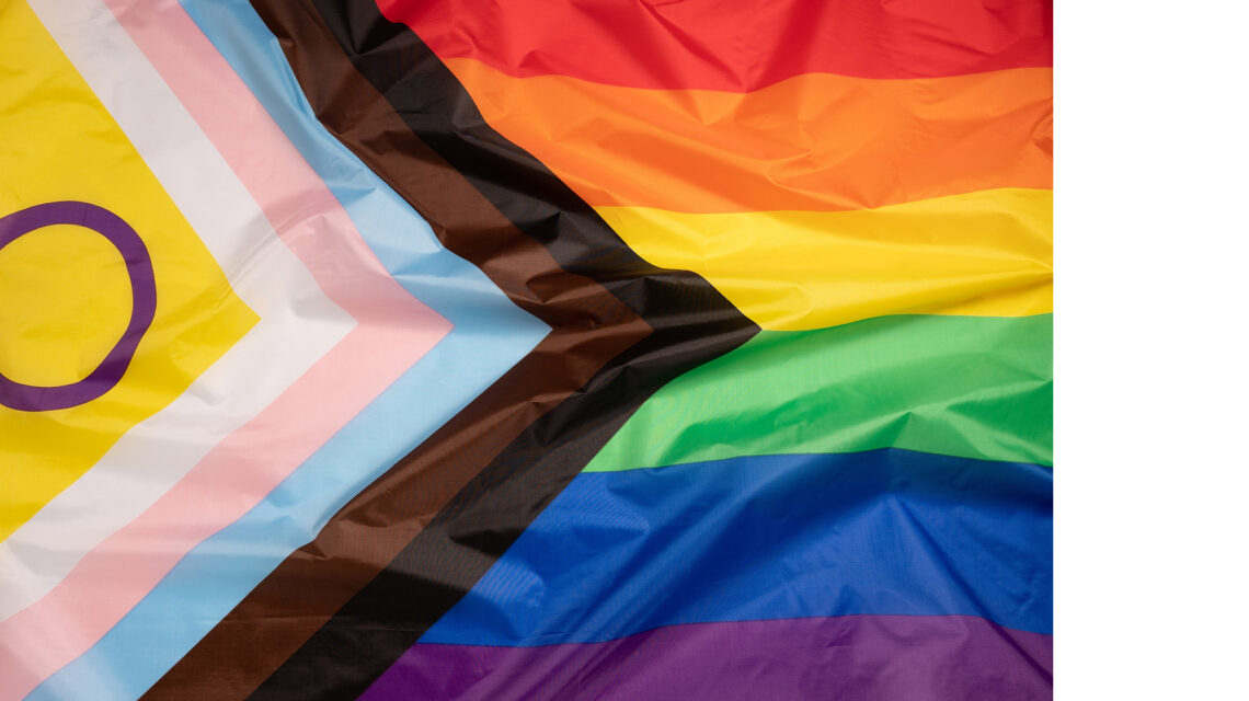 Overhead photo of attractively rumpled LGBTQIA+ Pride flag: From left: triangle of yellow with purple circle (intersex symbol); chevrons of white, pink and blue (trans colors); chevrons of brown and black (people of color); horizontal rainbow stripes of red, orange, yellow, green, blue and purple.