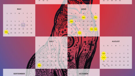 One-page 2020 calendar. 4x6 grid has alternating squares of month and day text with image behind screened back. Image fills whole page: black line drawing of a seated hairless cat with elaborate tattoos. Behind the cat is a radial gradient centered at the cat's head: red at the center and dark blue at the edges.