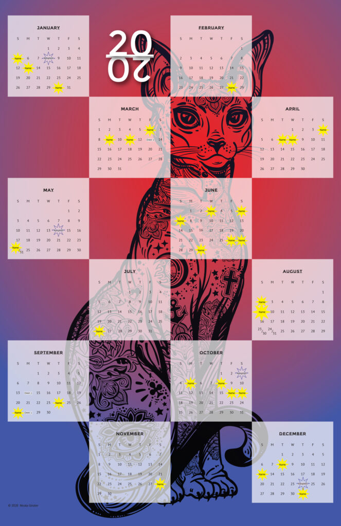 One-page 2020 calendar. 4x6 grid has alternating squares of month and day text with image behind screened back. Image fills whole page: black line drawing of a seated hairless cat with elaborate tattoos. Behind the cat is a radial gradient centered at the cat's head: red at the center and dark blue at the edges.