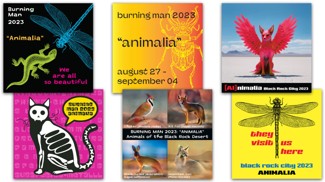 Six sticker designs are described in detail in post. Left to right, top row: "We are all so beautiful"; "Animalia" with curvy, fanciful beetle; "(AI)nimalia" with pink fox-bird; Left to right, bottom row: Taxonomy of a cat with an attitude; "Animals of the Black Rock Desert"; "They visit us here" dragonfly