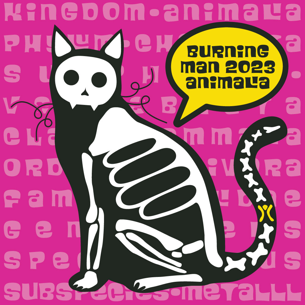 Bright pink square sticker design with pale pink writing in a funky 1960s typeface, detailing the taxonomy of a domestic cat with an attitude: Kingdom - Animalia, Phylum - Chordata, Subphylum - Vertebrata, Class - Mammalia Order - Carnivora, Family - Felidae, Genus - Felis, Species - Catus, Subspecies – METALLL. Over that is an illustration of a stylized black cat outline and white skeleton. A speech bubble with a thick black outline and yellow background says "Burning / Man 2023 / Animalia" in black type. One bone in the cat's tail has been changed to yellow and altered to look like the "arms up" Burning Man logo.