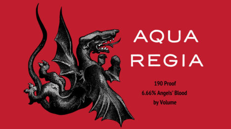 Aqua Regia logo: red rectangle with black and white engraving of snarling dragon on left; on right, "AQUA / REGIA" large all caps white sans serif letter-spaced type; underneath, "190 Proof / 6.66% Angel's Blood / by volume" in small black condensed sans-serif type.