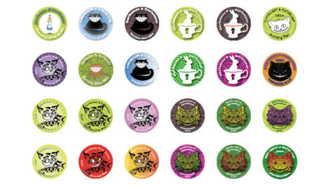 6 by 4 grid of brightly colored round sticker designs on white background.