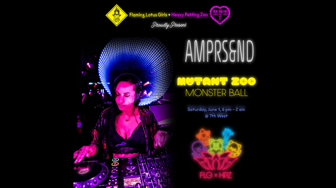 Black background. On left: colored lights playing over woman DJ at rave. On right: DJ name "AMPRS&ND" in white neon-looking type. Under that, event name in yellow, date and time in blue.