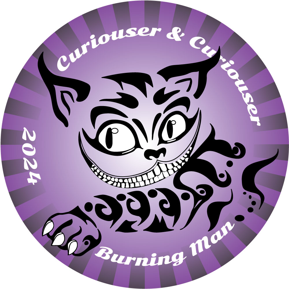 Round sticker design: purple background with black cat and text. Text on circle at top: "Curiouser & Curiouser." Text on circle at bottom: "Burning Man." Text on circle at side: "2024."