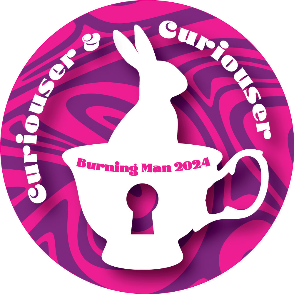 Round sticker design: wavy hot pink and bright purple background with white rabbit-in-a-cup shape. White text on circle at top: "Curiouser & Curiouser." Pink text around "rim" of cup: "Burning Man 2024."