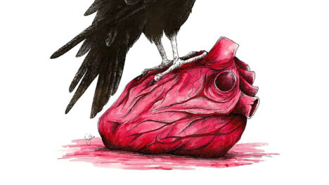 Line drawing of a black raven standing on an anatomically correct red heart, in a small pool of blood, cropped so only feet and tail of raven are visible on the heart.