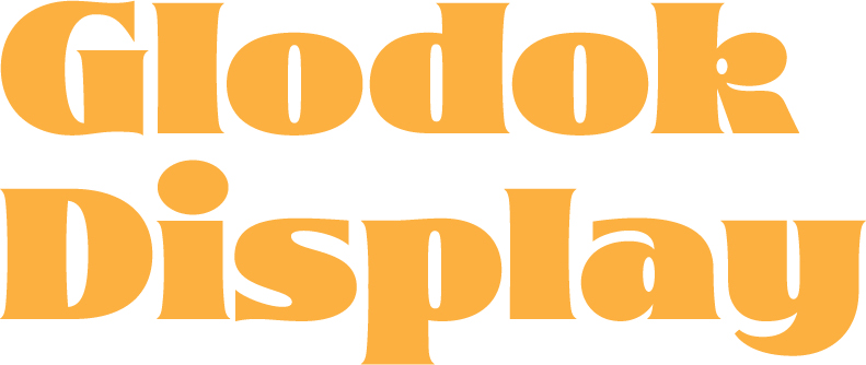 "Glodok Display" in yellow-orange fat serif type