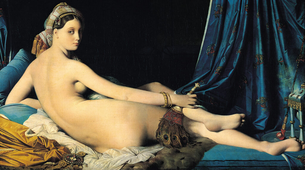 Painting, "La Grande Odalisque," by Jean Auguste Dominique Ingres. In an Orientalist room, a naked woman reclines on a couch, her head turned to look back over her shoulder.