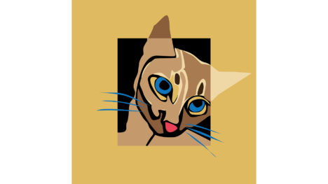 Cut paper-style digital abstract illustration of the head and neck of a cat in browns and tans, with blue eyes and a pink nose, in a black rectangle, inside a square ocher background.