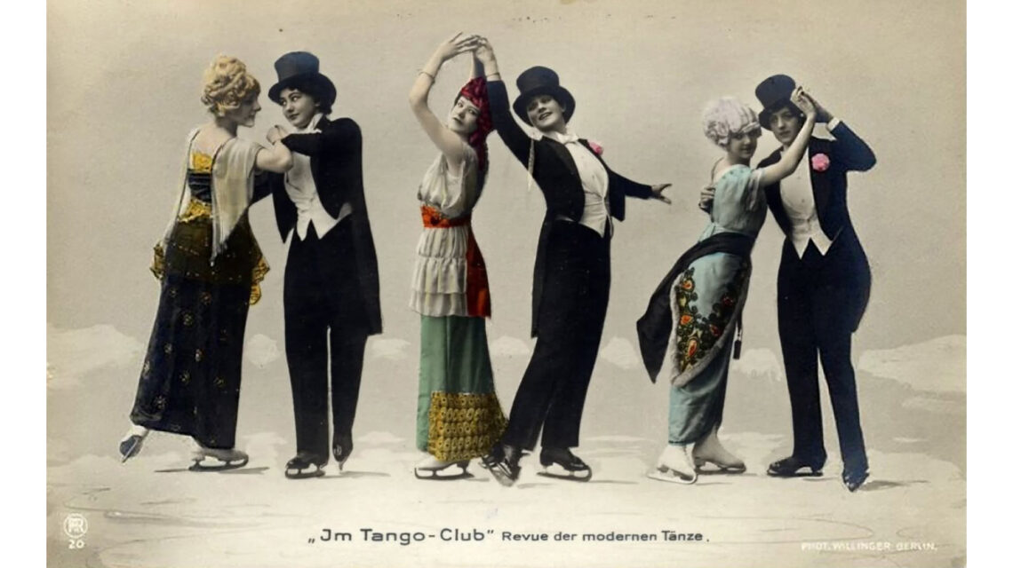 Colorized vintage black and white photo of three smiling butch/femme couples in elegant formal dress, wearing ice skates on a skating rink. They are in the midst of dancing the tango. Black text at center bottom: "JM Tango-Club - Revue der modernen Tänze."