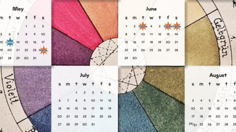 Close crop of 2025 calendar: color wheel in background with 12 translucent white month squares arranged in staggered grid. Text of months and days is in black.